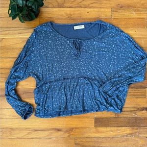 Lucky Brand Floral Print Smocked Top Scoop Neck long sleeve blouse